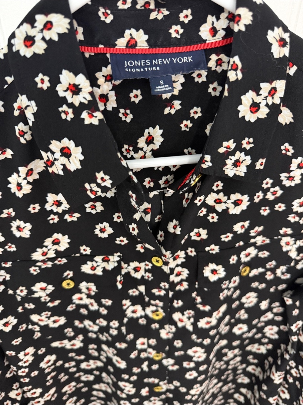 Jones New York Signature Black Daisy Floral Button Up Blouse Roll Tab Small EUC